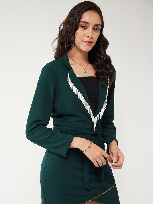 Solid Overlap Blazer With Lace Details