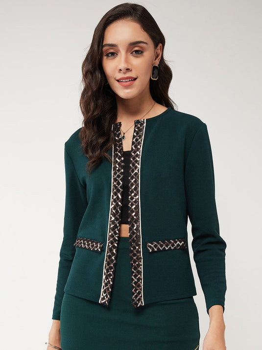 Solid Front Open Blazer With Sequin Detail