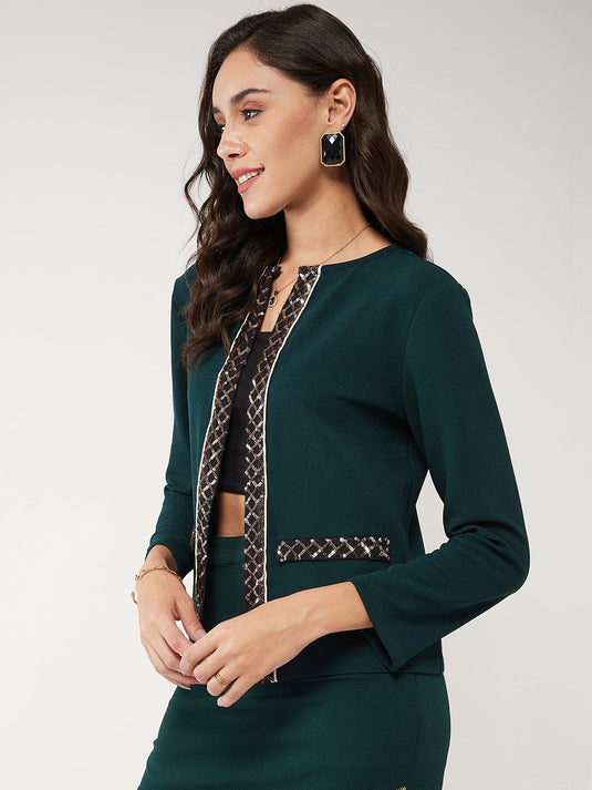 Solid Front Open Blazer With Sequin Detail