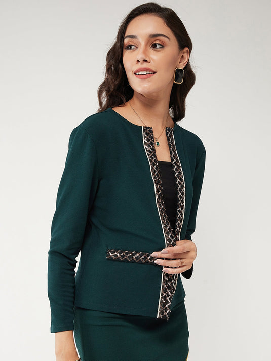 Solid Front Open Blazer With Sequin Detail