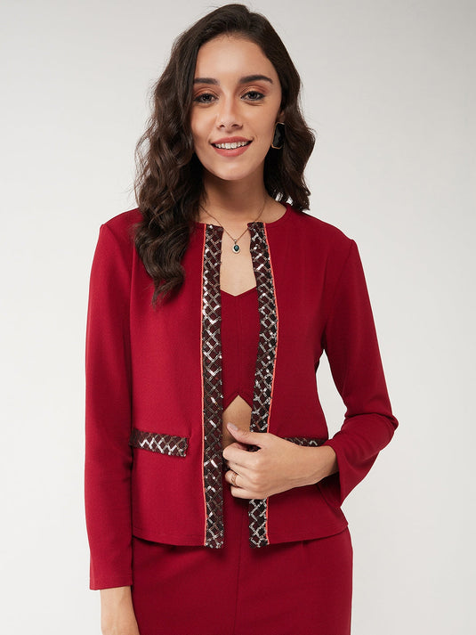 Solid Front Open Blazer With Sequin Detail