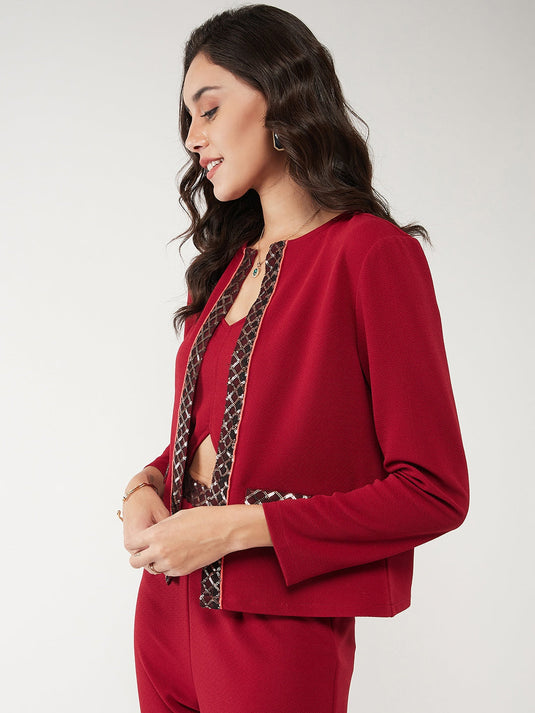 Solid Front Open Blazer With Sequin Detail