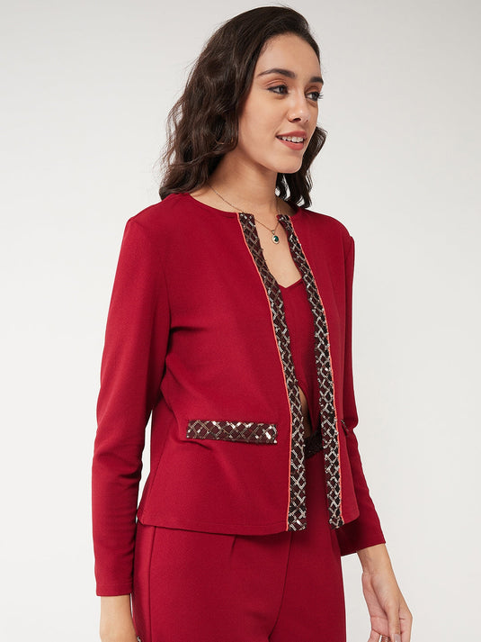 Solid Front Open Blazer With Sequin Detail