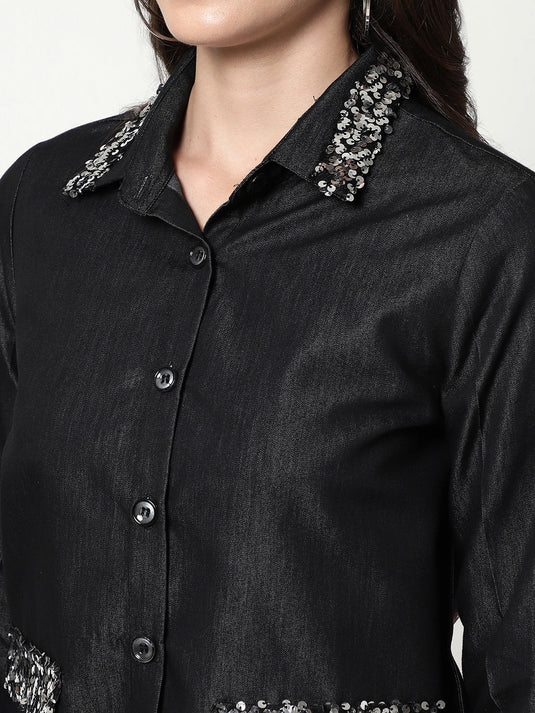 Solid Front Open Collared Blazer With Sequin Patch Detail