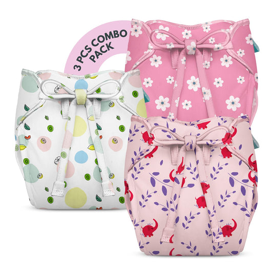 Bumberry Smart Nappy New Born Baby Cloth Diaper Combo with Size Adjustable Band, Reusable& Washable Diaper Leak Proof, Smart Langot For Just Born Babies(0-3 months)(Baby elephant, Fruityline, Lilies)