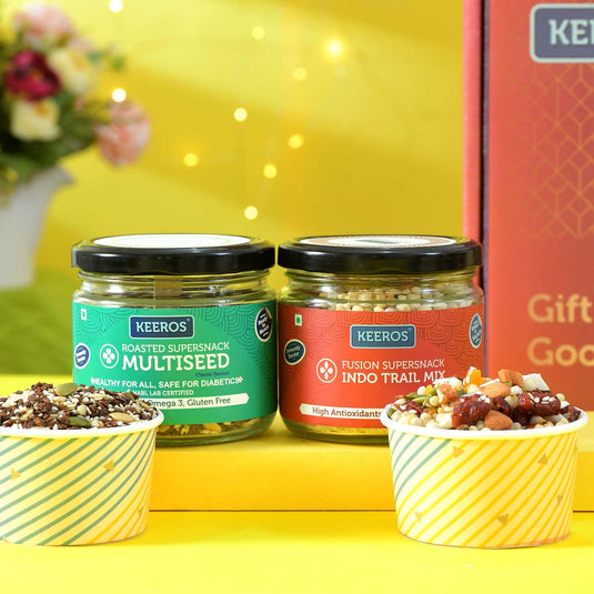 Keeros Bhaidooj Gift Hamper for Brother with Chocolate-Coated Almonds & Cashews, Tasty & Crunchy Supersnacks| Nutritious Superfoods in a Bhaidooj Gift Hamper | Ideal for Healthy Gifting