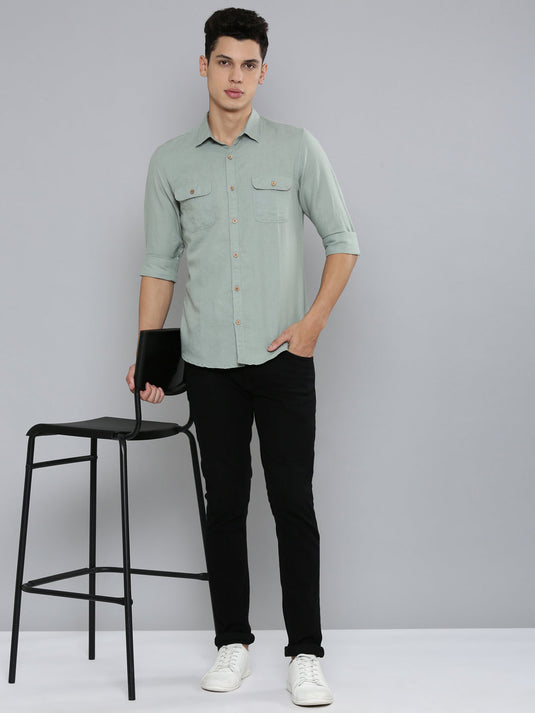 Men Hemp Lily Green Double Pocket Utility Shirt