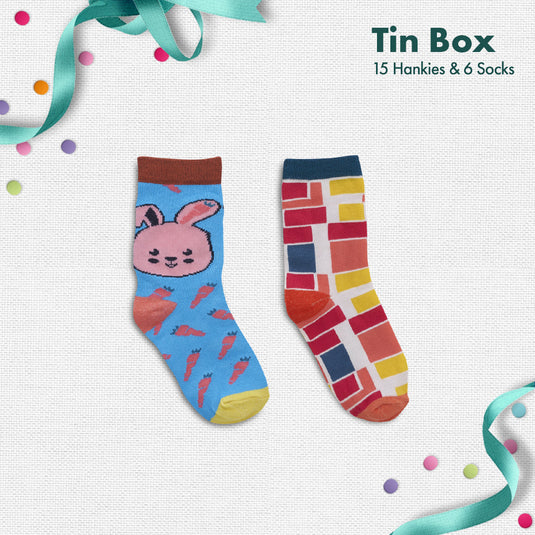 GMT! Giraffe Mood Time! Tin Gift Box, 15 Kid's Hankies + 6 Kid's Socks, 100% Organic Cotton, Box of 21