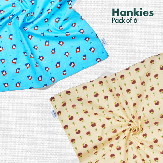 Beach Please! + Animalholic! Unisex Hankies, 100% Organic Cotton, Pack of 6