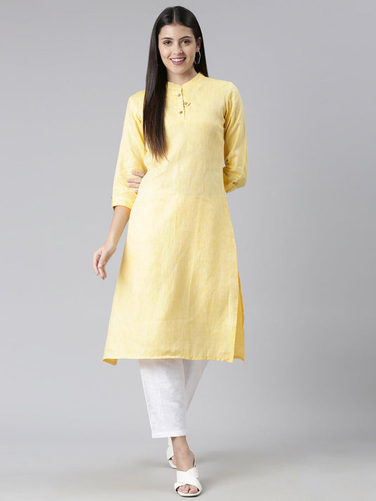 Women Solid Yellow and White Kurta Set