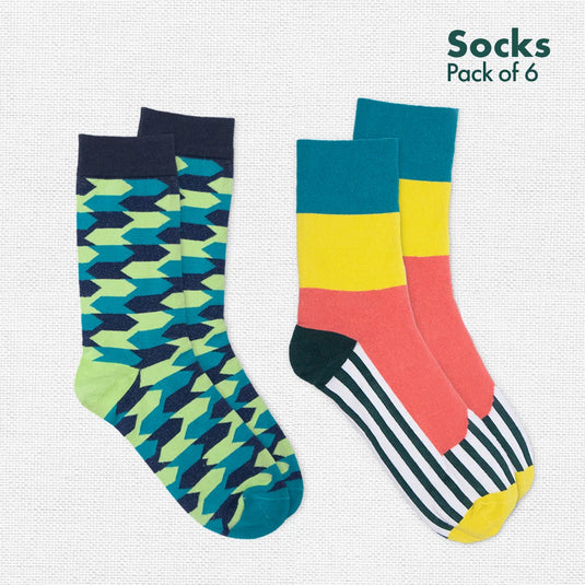 Geometri-fication Series 1! + Series 2! Unisex Socks, 100% Organic Cotton, Crew Length, Pack of 6