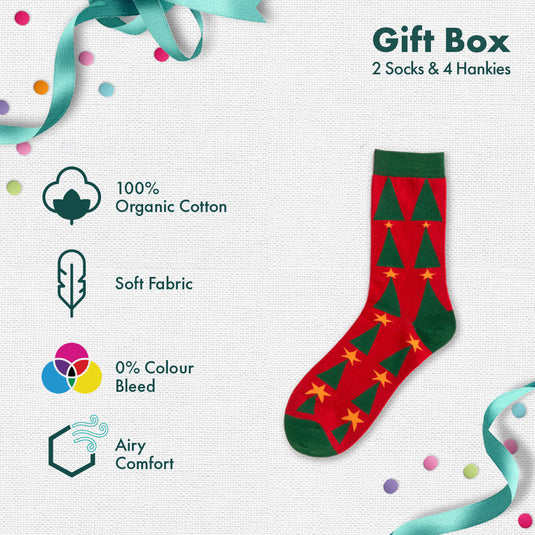 JLT! Jingle Bell Like That! 2 Unisex Crew Length Socks + 4 Hankies, 100% Organic Cotton, Gift Box of 6