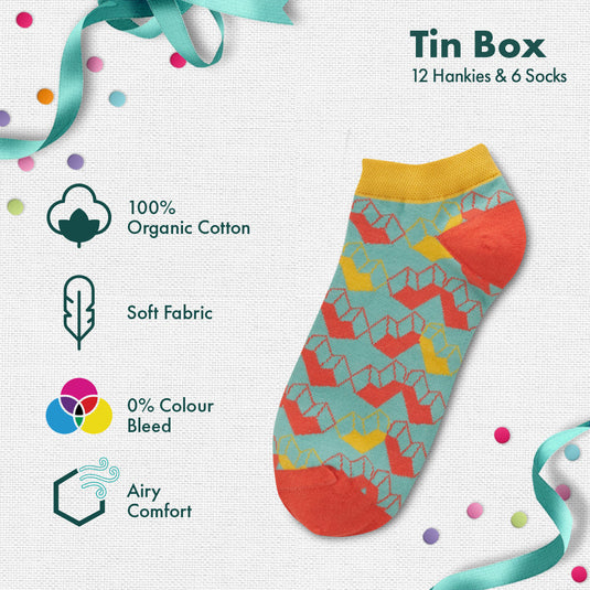 GMT! Giraffe Mood Time! Tin Gift Box, 12 Men's Hankies + 6 Unisex Ankle Length Socks, 100% Organic Cotton, Box of 18