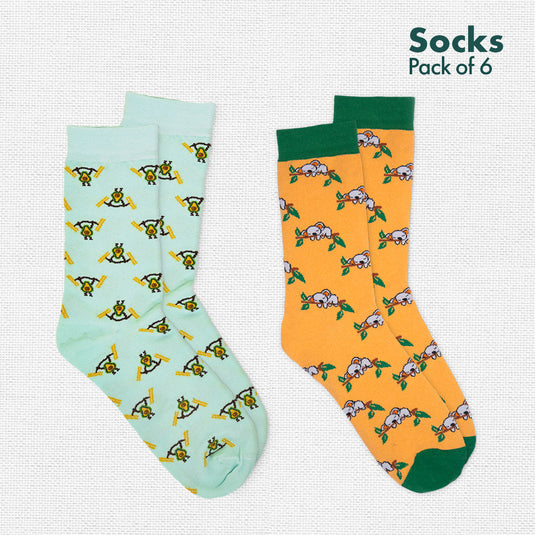 Foodgasm Series 1! + Animalholic Series 1! Unisex Socks, 100% Organic Cotton, Crew Length, Pack of 6