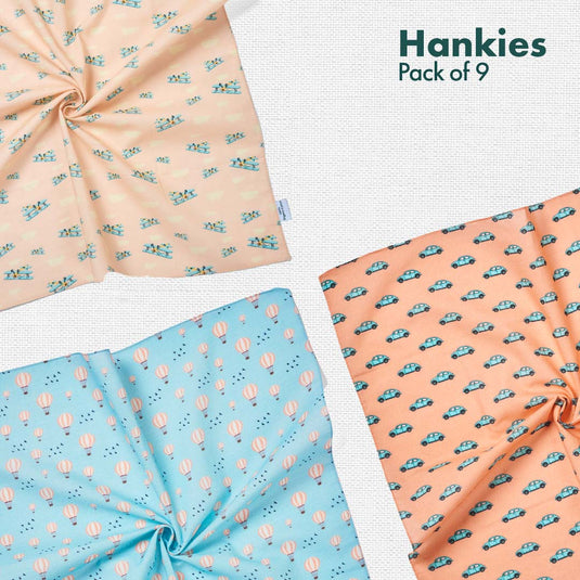 Animalholic! + Child-unlock! + Travelicious! Unisex Hankies, 100% Organic Cotton, Pack of 9