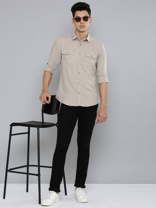 Men Hemp Beige Double Pocket Utility Shirt