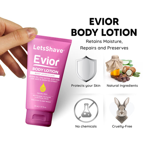 Letsshave Evior Trial Pack Executive kit for Womens | Evior Trial Pack, Body Lotion 30ml,Face Scrub 30ml, Transparent Shave Gel 30ml | Dual Moisture Bar & Micro Comb Guard Bar | Made in South Korea