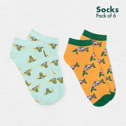 Foodgasm Series 1! + Animalholic Series 1! Unisex Socks, 100% Organic Cotton, Ankle Length, Pack of 6