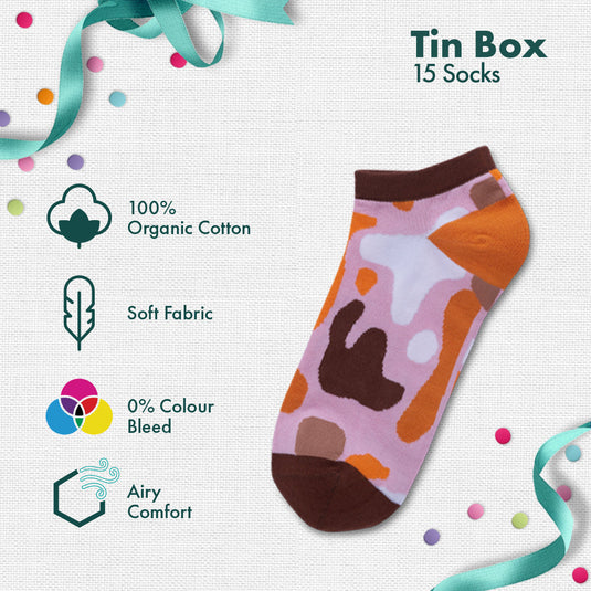 Peacock A Boo! Tin Gift Box, Unisex Ankle Length Socks, 100% Organic Cotton, Box Of 15