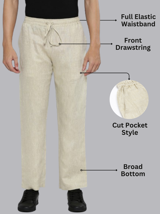 Men Hemp Beige Broad Bottom Comfort Pant