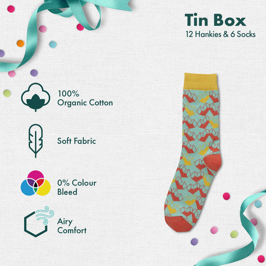 GMT! Giraffe Mood Time! Tin Gift Box, 12 Men's Hankies + 6 Unisex Crew Length Socks, 100% Organic Cotton, Box of 18