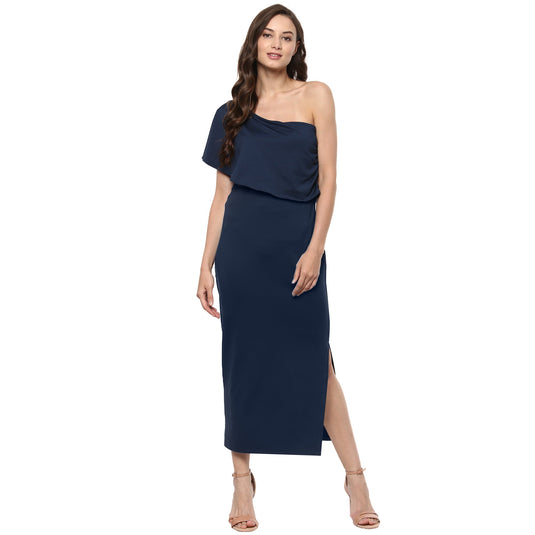 Knit One-Shoulder Cape Midi Dress