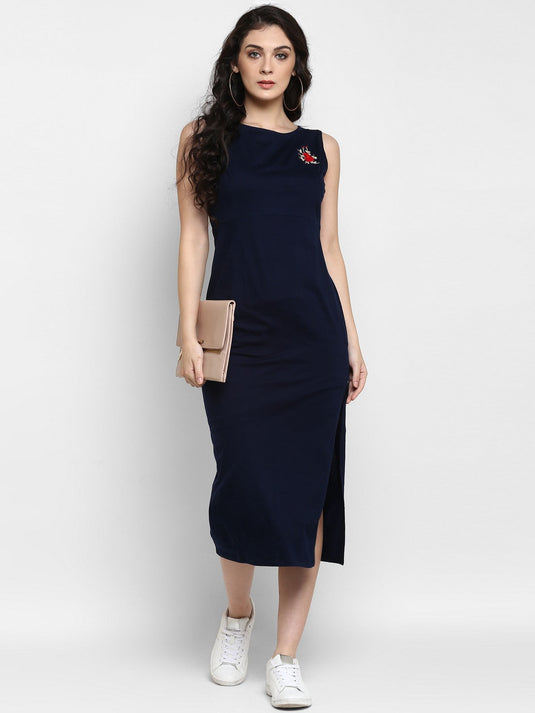 Navy Embroidered Knitted Dress