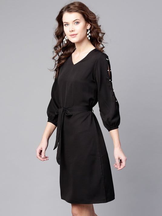 Pearl Slit Sleeves A-Line Dress