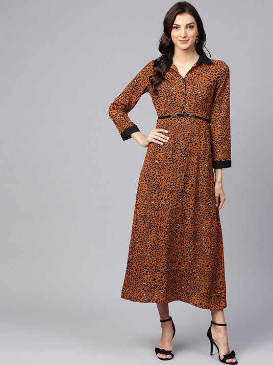 Animal Print Shirt Maxi Dress With Belt