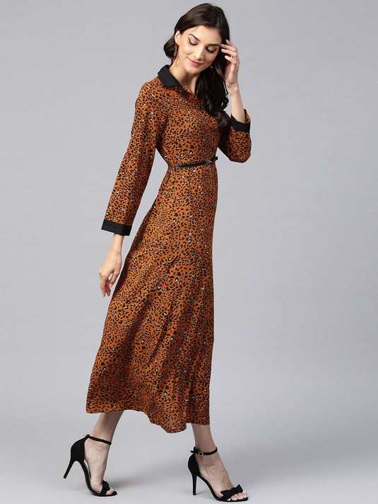 Animal Print Shirt Maxi Dress With Belt