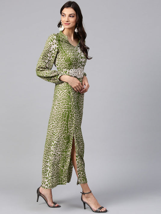 Light Green Animal Print Maxi Dress With Embellished Brotch