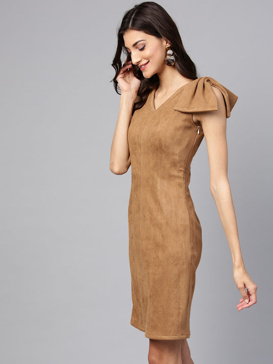 Fitted Side Bow Suede Dress