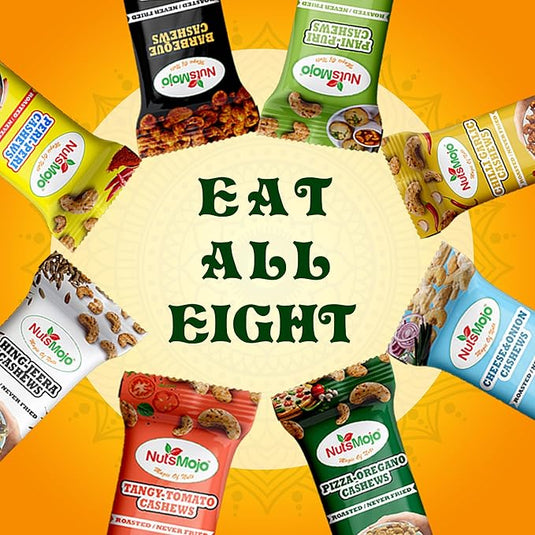 NutsMojo 8 Flavour Cashew Packets | Pack of 8 | Barbecue, Peri - Peri, Hing jeera, Pani - Puri, Chilli Garlic, Cream & Onion, Tangy Tomato, Pizza Oregano | Offer Pack