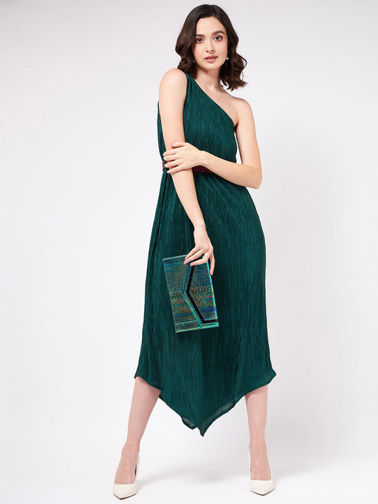 Solid Pleated One-Shoulder Maxi Dress