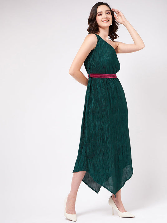 Solid Pleated One-Shoulder Maxi Dress