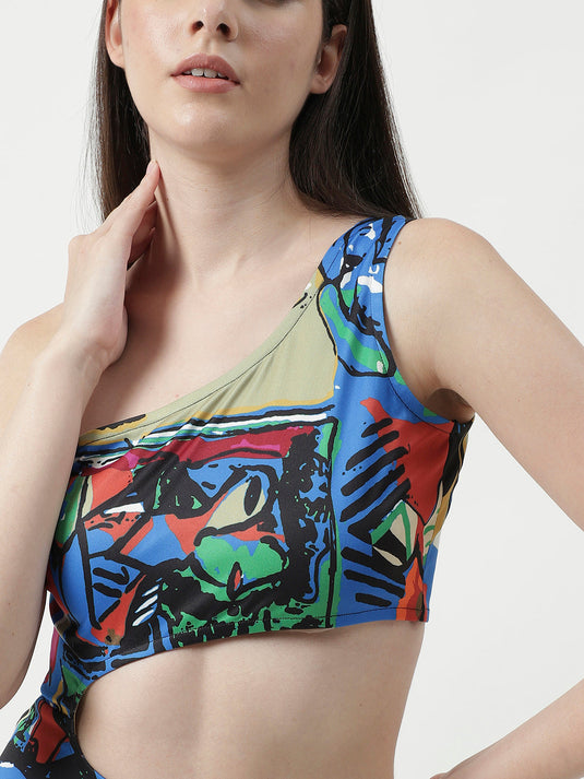 Picasso Inspired Digital Printed One-Shoulder Dress