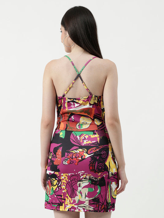 Picasso Inspired Digital Printed Cowl Neck Overlap Dress