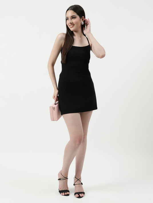 Solid Short Dress With Back Tie-Up