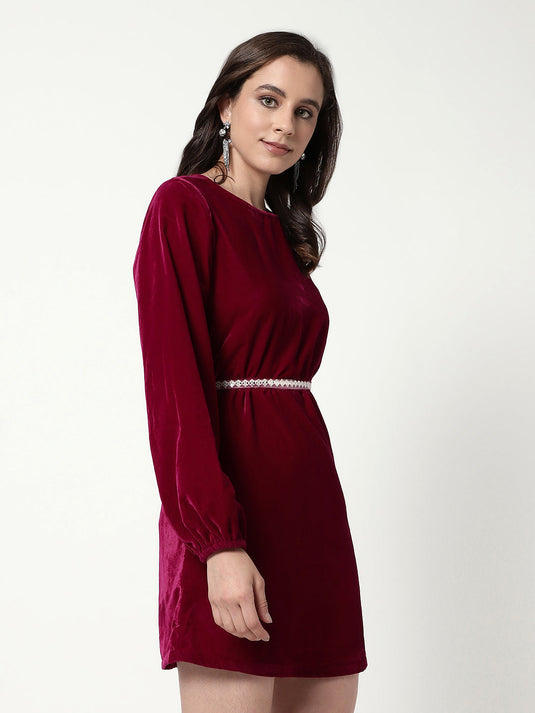 Solid Velvet Dress With Belt