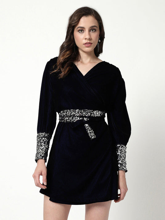 Solid Velvet Overlaping Style Dress With Sequin Belt Tie-Up