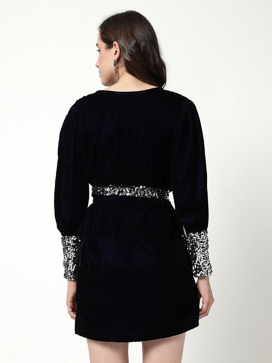 Solid Velvet Overlaping Style Dress With Sequin Belt Tie-Up