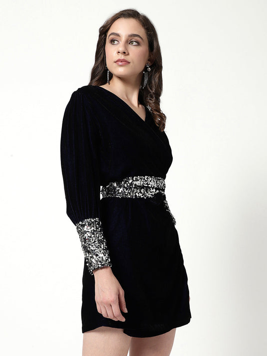 Solid Velvet Overlaping Style Dress With Sequin Belt Tie-Up