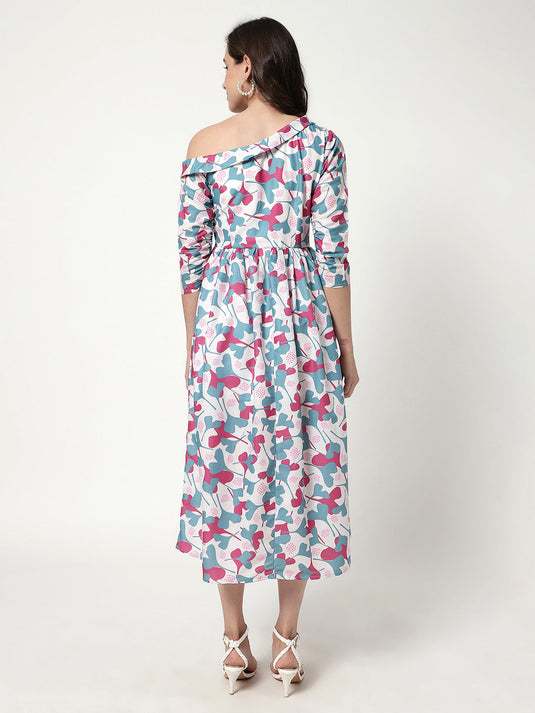 Digital Printed One-Shoulder Floral Dress