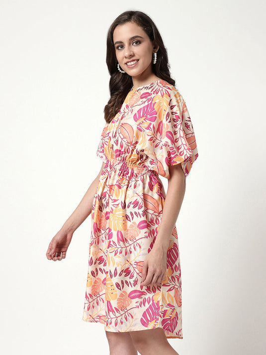 Digital Printed Floral Dress With Elasticated Waistline