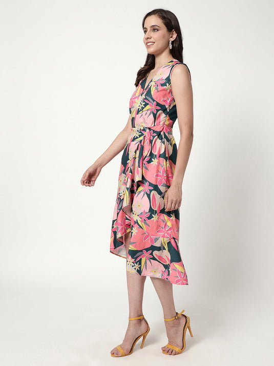 Digital Printed Floral Dress With V-Neckline