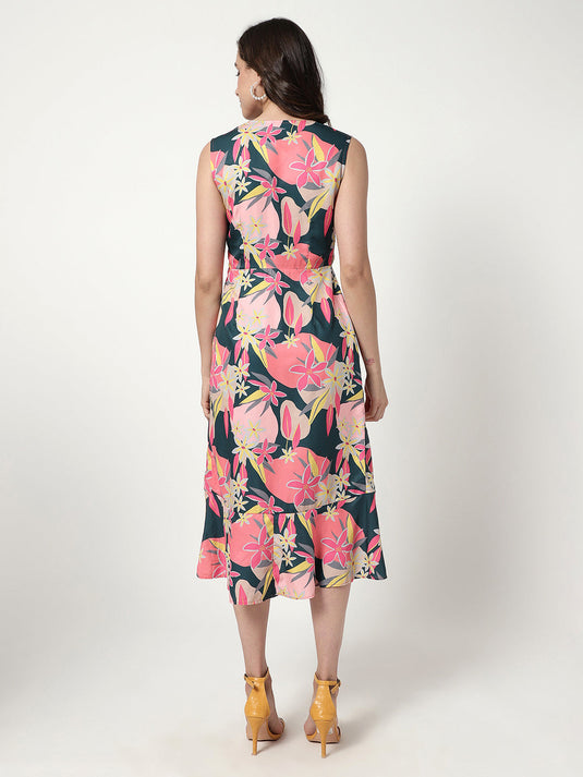 Digital Printed Floral Dress With V-Neckline