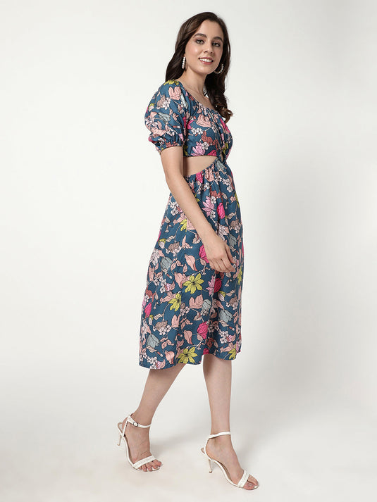 Floral Digital Printed Dress With waist Cut-Out