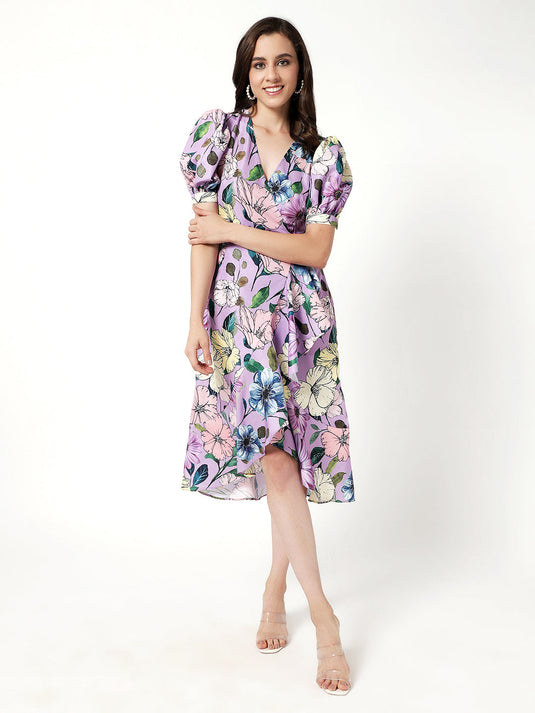 Floral Digital Printed High-Low Midi Dress