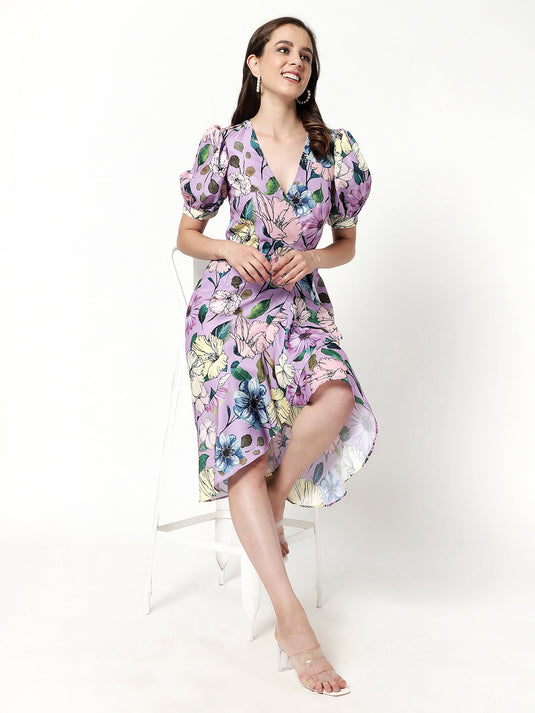 Floral Digital Printed High-Low Midi Dress