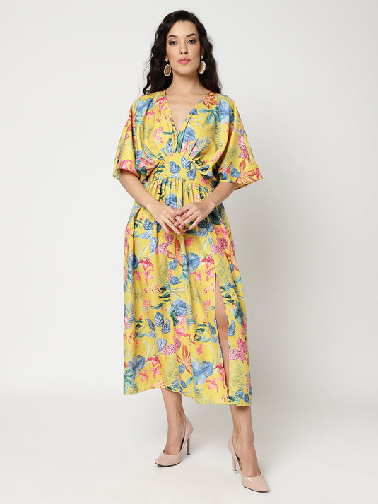 Floral Digital Printed V-Neck Kimono Sleeve Style Dress